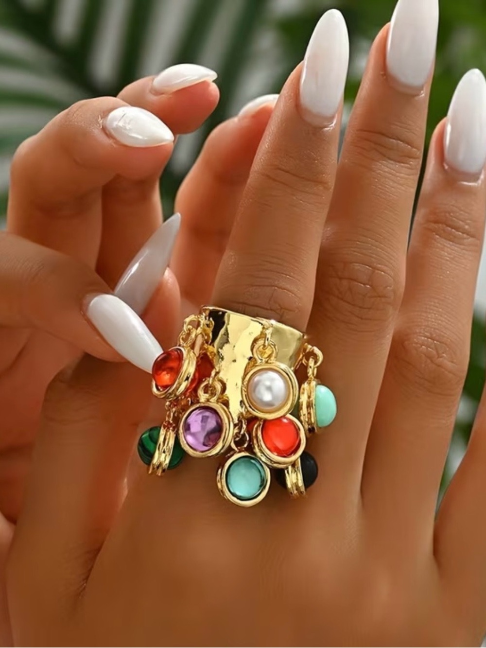 Gold Multi-Color Charm open adjustable size Ring with Gemstone Drops